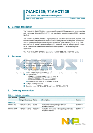 74AHC139D datasheet - Dual 2-to-4 line decoder/demultiplexer