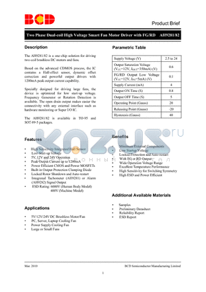 AH9281RTR-G1 datasheet - Two Phase Dual-coil High Voltage Smart Fan Motor Driver with FG/RD