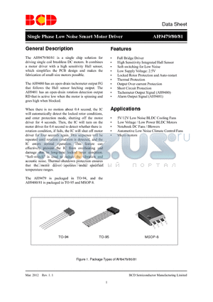 AH9480M8TR-G1 datasheet - Single Phase Low Noise Smart Motor Driver Full Bridge Driver