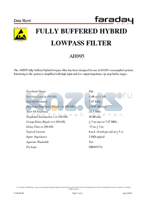 AH995 datasheet - FULLY BUFFERED HYBRID LOWPASS FILTER