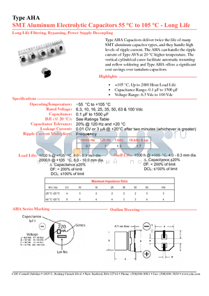 AHA107M06D16T datasheet - SMT Aluminum Electrolytic Capacitors 55 C to 105 C - Long Life