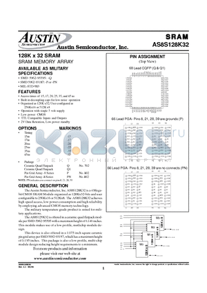 AS8S128K32P-15/XT datasheet - 128K x 32 SRAM SRAM MEMORY ARRAY