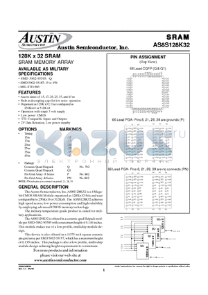 AS8S128K32P-17/883C datasheet - 128K x 32 SRAM SRAM MEMORY ARRAY