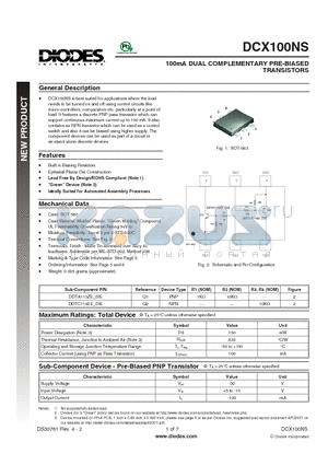 DDTA113ZE-DIE datasheet - 100mA DUAL COMPLEMENTARY PRE-BIASED TRANSISTORS