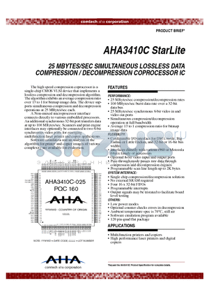 AHA3410C-025PQC160 datasheet - 25 MBYTES/SEC SIMULTANEOUS LOSSLESS DATA COMPRESSION / DECOMPRESSION COPROCESSOR IC