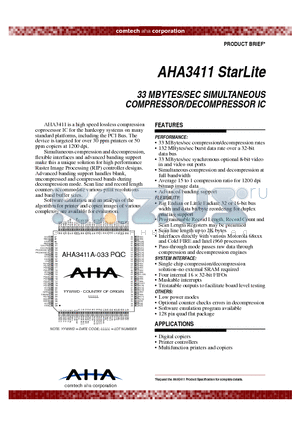AHA3411A-033PQC datasheet - 33 MBYTES/SEC SIMULTANEOUS COMPRESSOR/DECOMPRESSOR IC