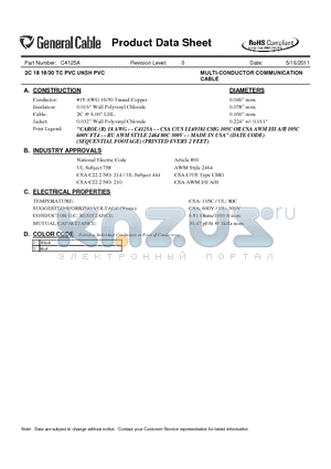 C4125A datasheet - 2C 18 16/30 TC PVC UNSH PVC MULTI-CONDUCTOR COMMUNICATION CABLE