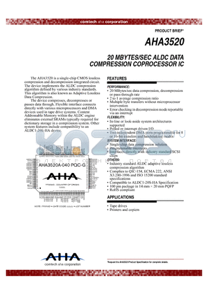 AHA3520A-040PQC-G datasheet - 20 MBYTES/SEC ALDC DATA COMPRESSION COPROCESSOR IC