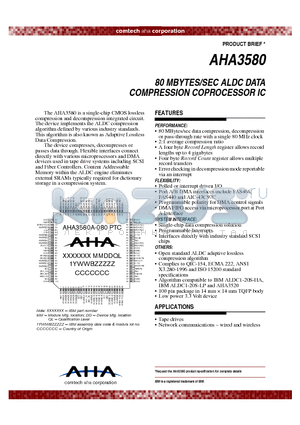 AHA3580A-080PTC datasheet - 80 MBYTES/SEC ALDC DATA COMPRESSION COPROCESSOR IC