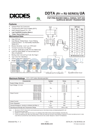 DDTA114EUA-13-F datasheet - PNP PRE-BIASED SMALL SIGNAL SOT-323 SURFACE MOUNT TRANSISTOR