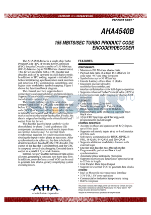 AHA4540B datasheet - 155 MBITS/SEC TURBO PRODUCT CODE ENCODER/DECODER