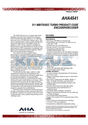 AHA4541A-PQC datasheet - 311 MBITS/SEC TURBO PRODUCT CODE ENCODER/DECODER