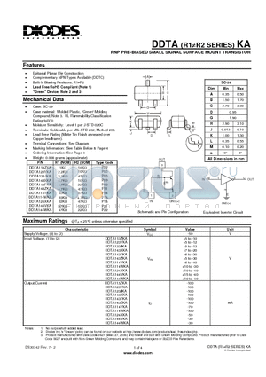 DDTA114WKA datasheet - PNP PRE-BIASED SMALL SIGNAL SURFACE MOUNT TRANSISTOR