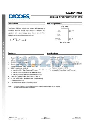 74AHC1G02SE-7 datasheet - SINGLE 2 INPUT POSITIVE NOR GATE