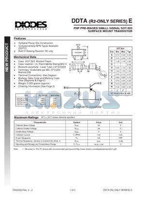 DDTA115GE datasheet - PNP PRE-BIASED SMALL SIGNAL SOT-523  SURFACE MOUNT TRANSISTOR