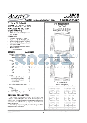 AS8S512K32AP-20/IT datasheet - 512K x 32 SRAM SRAM MEMORY ARRAY