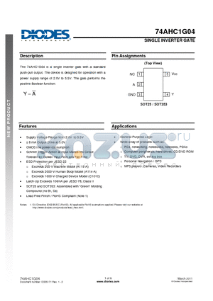 74AHC1G04 datasheet - SINGLE INVERTER GATE