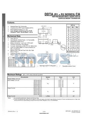 DDTA123ECA datasheet - PNP PRE-BIASED SMALL SIGNAL SOT-23