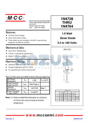 1N4728 datasheet - 1.0 Watt Zener Diode 3.3 to 100 Volts