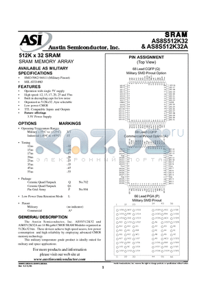 AS8S512K32AQ-20L/XT datasheet - 512K x 32 SRAM SRAM MEMORY ARRAY