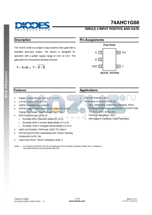 74AHC1G08 datasheet - SINGLE 2 INPUT POSITIVE AND GATE