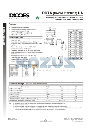 DDTA123TUA-7-F datasheet - PNP PRE-BIASED SMALL SIGNAL SOT-323 SURFACE MOUNT TRANSISTOR
