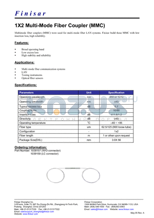 1039159 datasheet - 1X2 Multi-Mode Fiber Coupler (MMC)