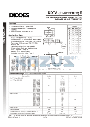 DDTA124XE datasheet - PNP PRE-BIASED SMALL SIGNAL SOT-523  SURFACE MOUNT TRANSISTOR