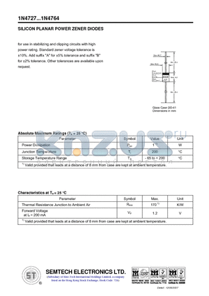 1N4730 datasheet - SILICON PLANAR POWER ZENER DIODES