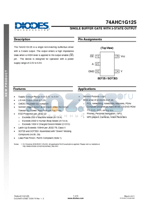 74AHC1G125W5 datasheet - SINGLE BUFFER GATE WITH 3-STATE OUTPUT