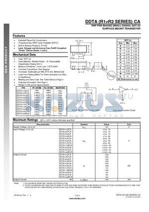 DDTA143ZCA datasheet - PNP PRE-BIASED SMALL SIGNAL SOT-23