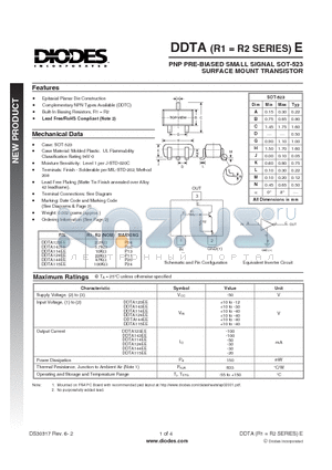 DDTA144EE-7-F datasheet - PNP PRE-BIASED SMALL SIGNAL SOT-523 SURFACE MOUNT TRANSISTOR