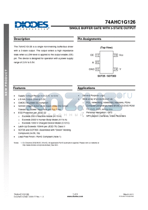 74AHC1G126SE-7 datasheet - SINGLE BUFFER GATE WITH 3-STATE OUTPUT