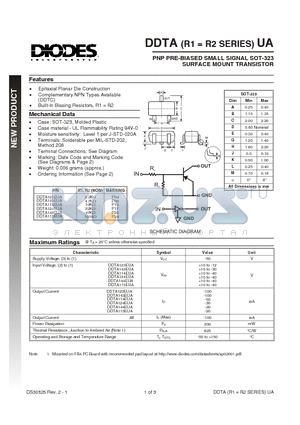 DDTA144EUA datasheet - PNP PRE-BIASED SMALL SIGNAL SOT-323 SURFACE MOUNT TRANSISTOR