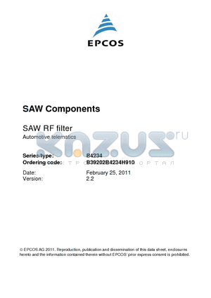 B4234 datasheet - SAW RF filter Automotive telematics