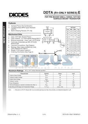 DDTA144TE datasheet - PNP PRE-BIASED SMALL SIGNAL SOT-523 DUAL SURFACE MOUNT TRANSISTOR