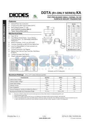 DDTA144TKA datasheet - PNP PRE-BIASED SMALL SIGNAL SC-59 SURFACE MOUNT TRANSISTOR