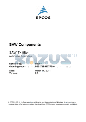 B4307 datasheet - SAW Tx filter Automotive Telematics