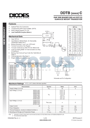 DDTB143EC datasheet - PNP PRE-BIASED 500 mA SOT-23 SURFACE MOUNT TRANSISTOR