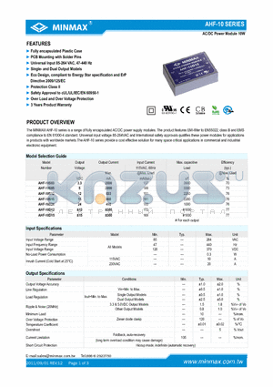 AHF-10D15 datasheet - AC/DC Power Module 10W Fully encapsulated Plastic Case