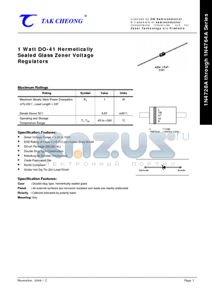 1N4733A datasheet - 1 Watt DO-41 Hermetically Sealed Glass Zener Voltage Regulators