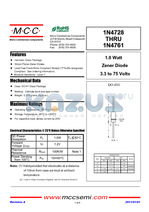 1N4734 datasheet - 1.0 Watt Zener Diode 3.3 to 75 Volts