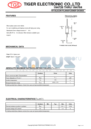 1N4734 datasheet - 1W SILICON PLANAR ZENER DIODES