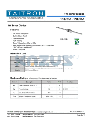 1N4734A datasheet - 1W Zener Diodes