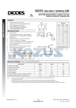 DDTC114GUA-7-F datasheet - NPN PRE-BIASED SMALL SIGNAL SOT-323 SURFACE MOUNT TRANSISTOR