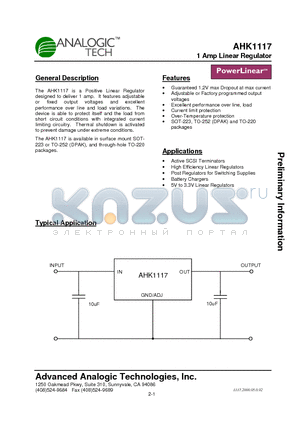 AHK1117 datasheet - 1 Amp Linear Regulator