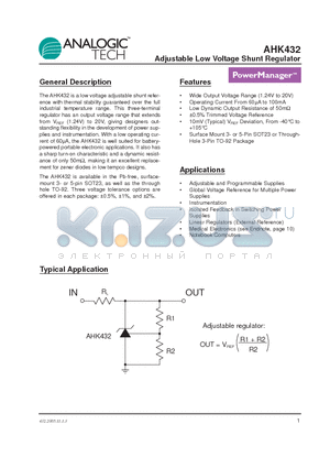AHK432 datasheet - Adjustable Low Voltage Shunt Regulator