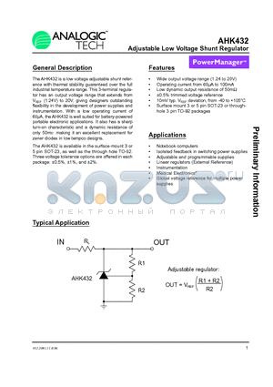 AHK432 datasheet - Adjustable Low Voltage Shunt Regulator