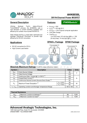 AHK6030LINY-T1 datasheet - 30V N-Channel Power MOSFET
