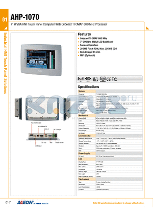 AHP-1070 datasheet - 7 WVGA HMI Touch Panel Computer With Onboard TI OMAP 600 MHz Processor